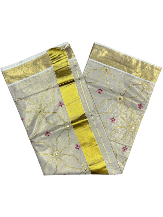 Southloom Kerala Tissue Kasavu Saree with Floral Embroidery Work on Body in Pink