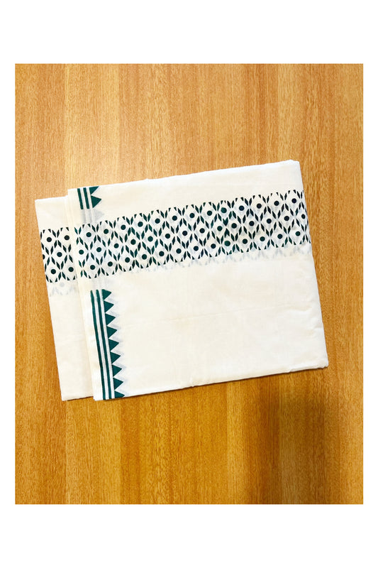 Pure Cotton Off White Double Mundu with Green Block Prints On Border (South Indian KeralaDhoti )