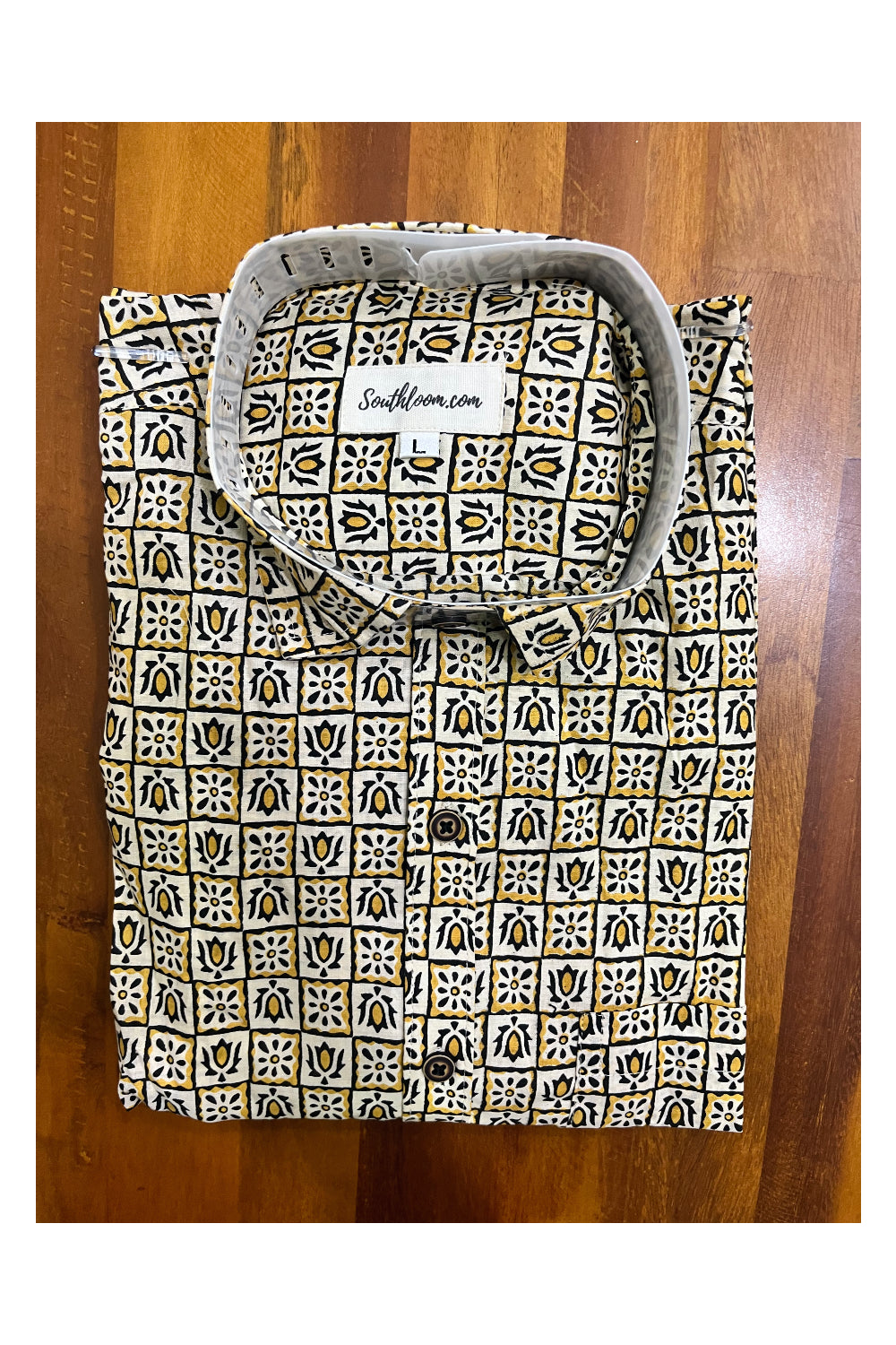 Southloom Jaipur Cotton Hand Block Printed Black and Yellow Shirt (Full Sleeves)