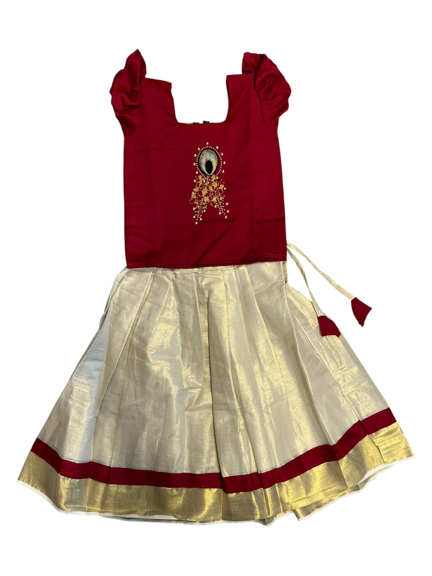 Southloom Kerala Tissue pavada and Blouse with Embroidery Work  (Age 4)