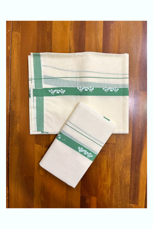 Kerala Pure Cotton Single Set Mundu (Mundum Neriyathum) with White Block Prints on Pastel Green Border