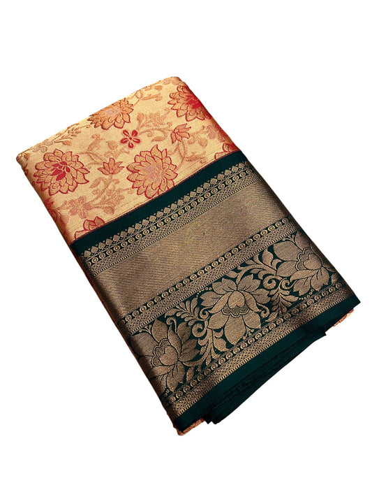 Southloom Banarasi Semi Silk Saree with Floral Zari Work Across Body (Peach & Green)