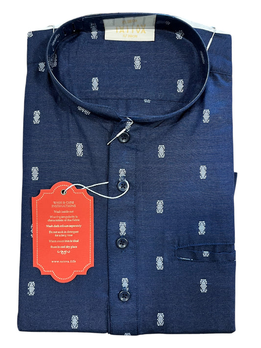 Southloom Blue Woven Patterns Semi Silk Short Kurta for Men