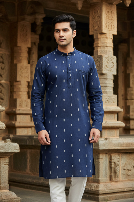 Southloom Blue Woven Patterns Semi Silk Short Kurta for Men