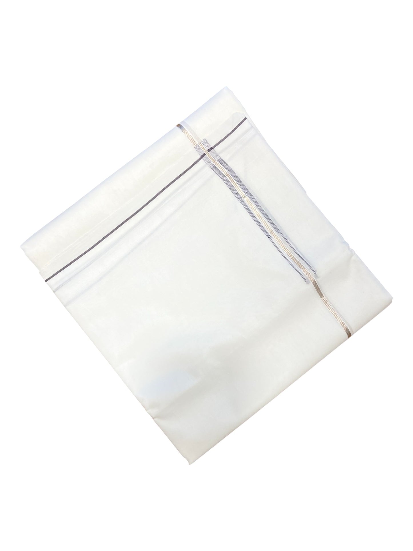 Pure White Cotton Double Mundu with Silver and Brown Chutti Kara (South Indian Dhoti)