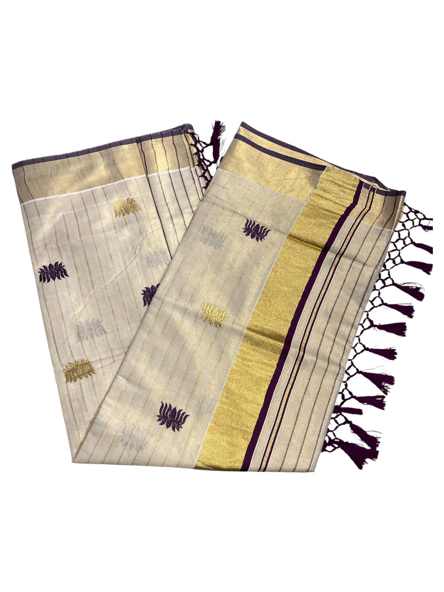 Southloom Kerala Tissue Kasavu Line Saree with Purple Lotus Embroidery Works