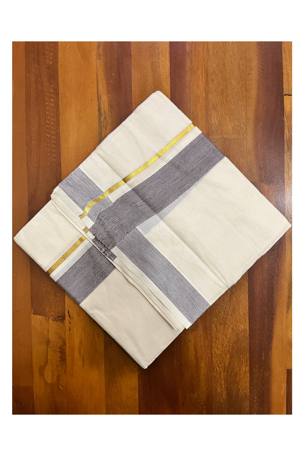 Pure Cotton Mundu with Brown Lines and Kasavu Border (South Indian Kerala Dhoti)