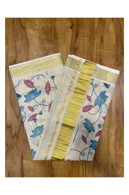 Kerala Tissue Kasavu Lines Saree with Blue Floral Kalamkari Design