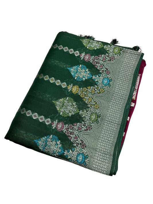 Southloom Banarasi Silk Saree with Woven Work on Body and Borders (Green & Maroon)
