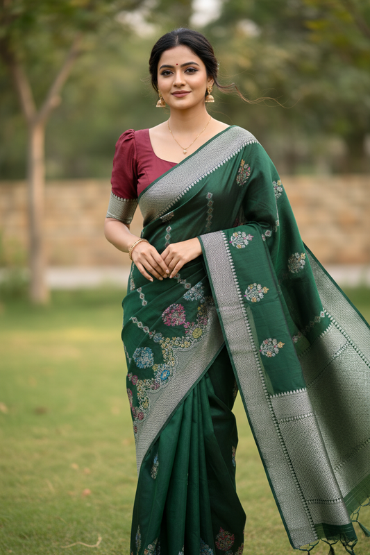 Southloom Banarasi Silk Saree with Woven Work on Body and Borders (Green & Maroon)