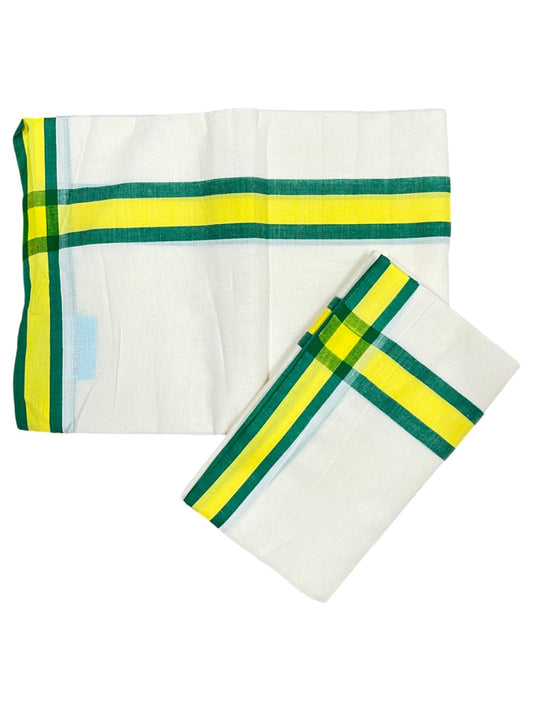 Southloom Pure Cotton Kerala Single Mulloth Set Mundu (Mundum Neriyathum) Green And Yellow Border in 2.80 mtrs SL243