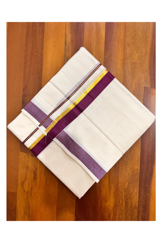 Pure Cotton Mundu with Purple and Kasavu Border (South Indian Kerala Dhoti)