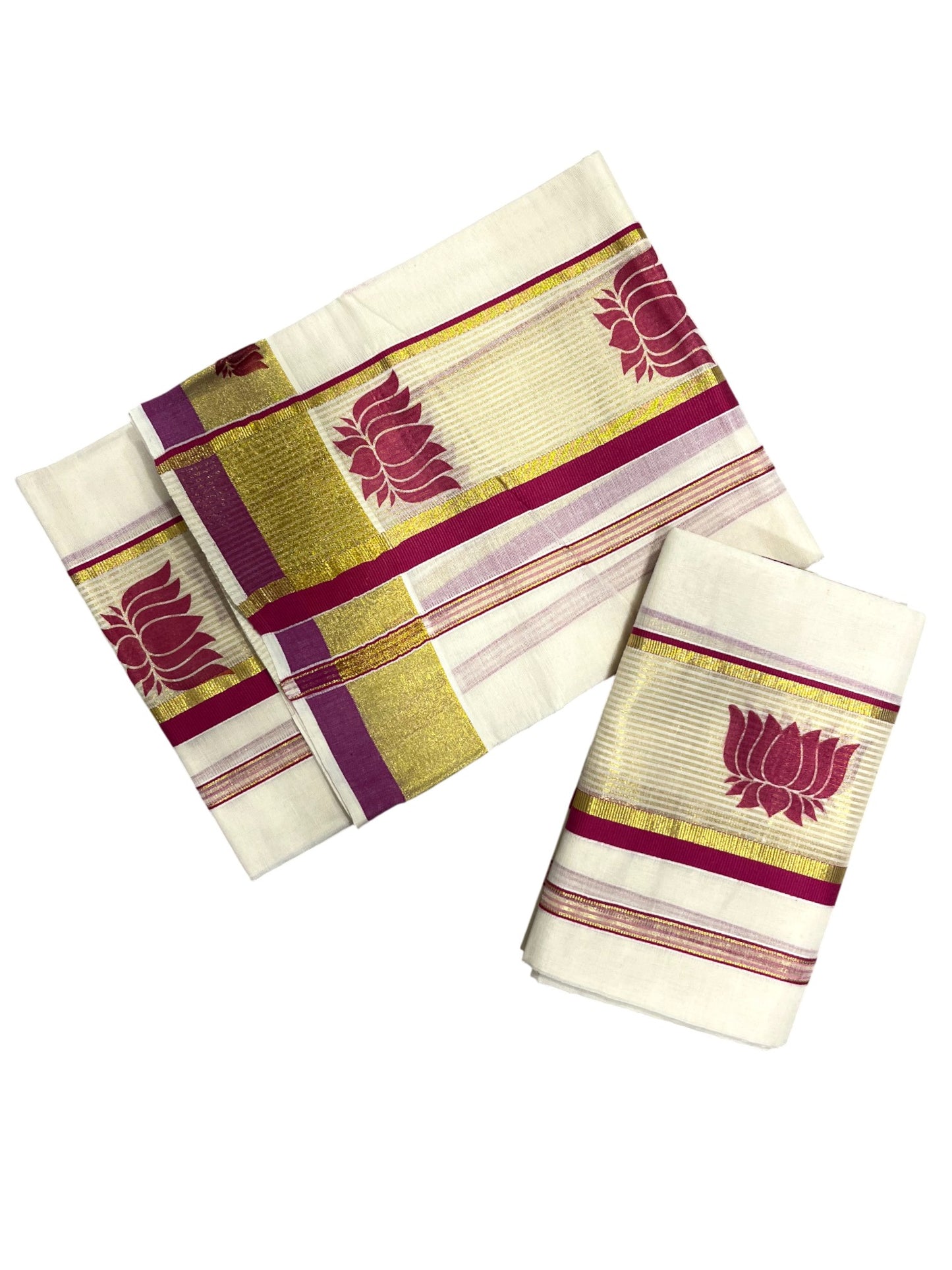 Southloom Kerala Cotton Kasavu  Set Mundu (Mundum Neriyathum) with Pink Lotus Prints