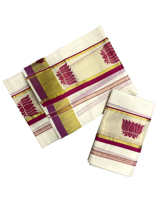 Southloom Kerala Cotton Kasavu  Set Mundu (Mundum Neriyathum) with Pink Lotus Prints