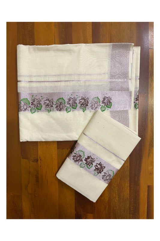 Kerala Pure Cotton Single Set Mundu (Mundum Neriyathum) with Brown Green Block Prints on Rose Copper Kasavu Border
