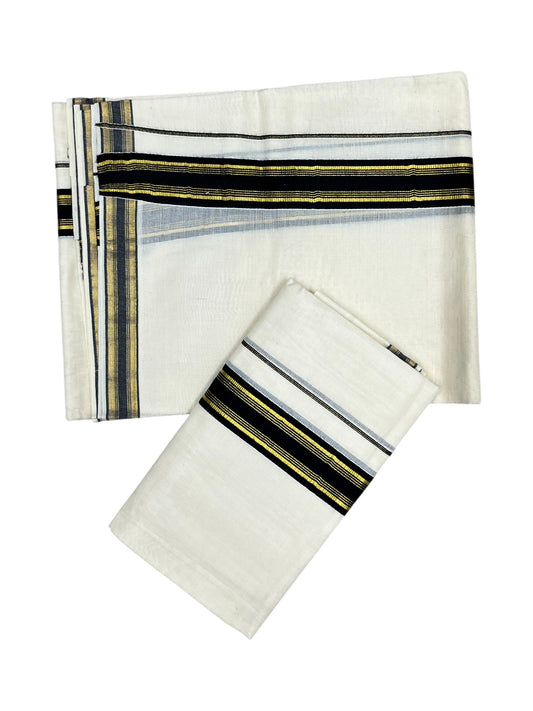Pure Cotton Kerala Set Mundu (Mundum Neriyathum) with Black Kasavu Border(2.80Mtr)