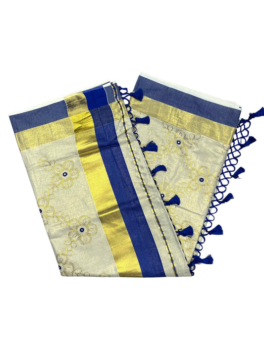 Kerala Tissue Kasavu Stripes Saree with Gold and Blue Floral Embroidery Design on Body