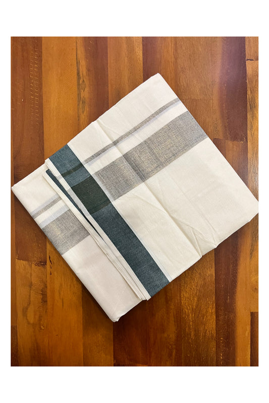 Off White Kerala Cotton Double Mundu with Kasavu and Dark Green Border (South Indian Kerala Dhoti)