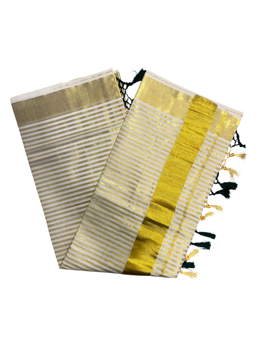 Southloom Kerala Cotton Kasavu Saree with Stripes on Body in Green