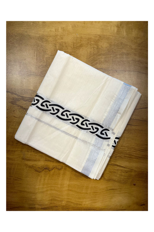 Southloom Pure Cotton Silver Kasavu Mundu with Trendy Print
