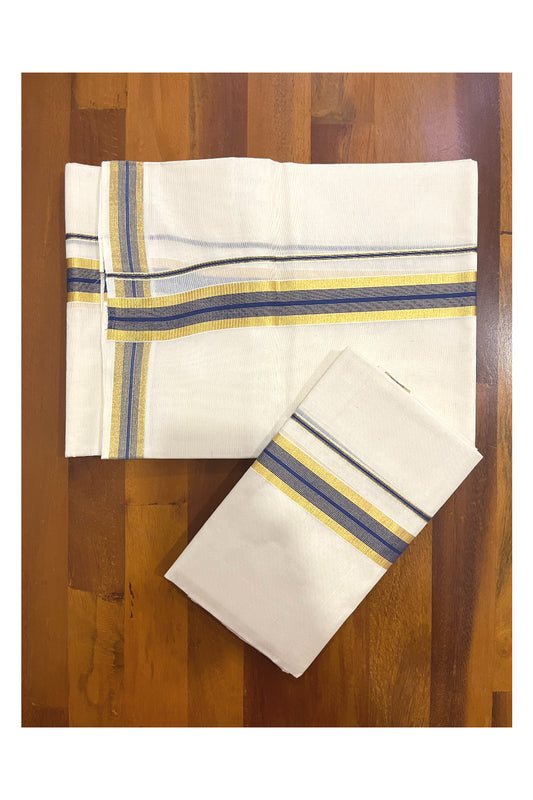 Southloom Pure Cotton Kerala Single Set Mundu (Mundum Neriyathum) with Blue and Kasavu Border 2.80 Mtr SLKK