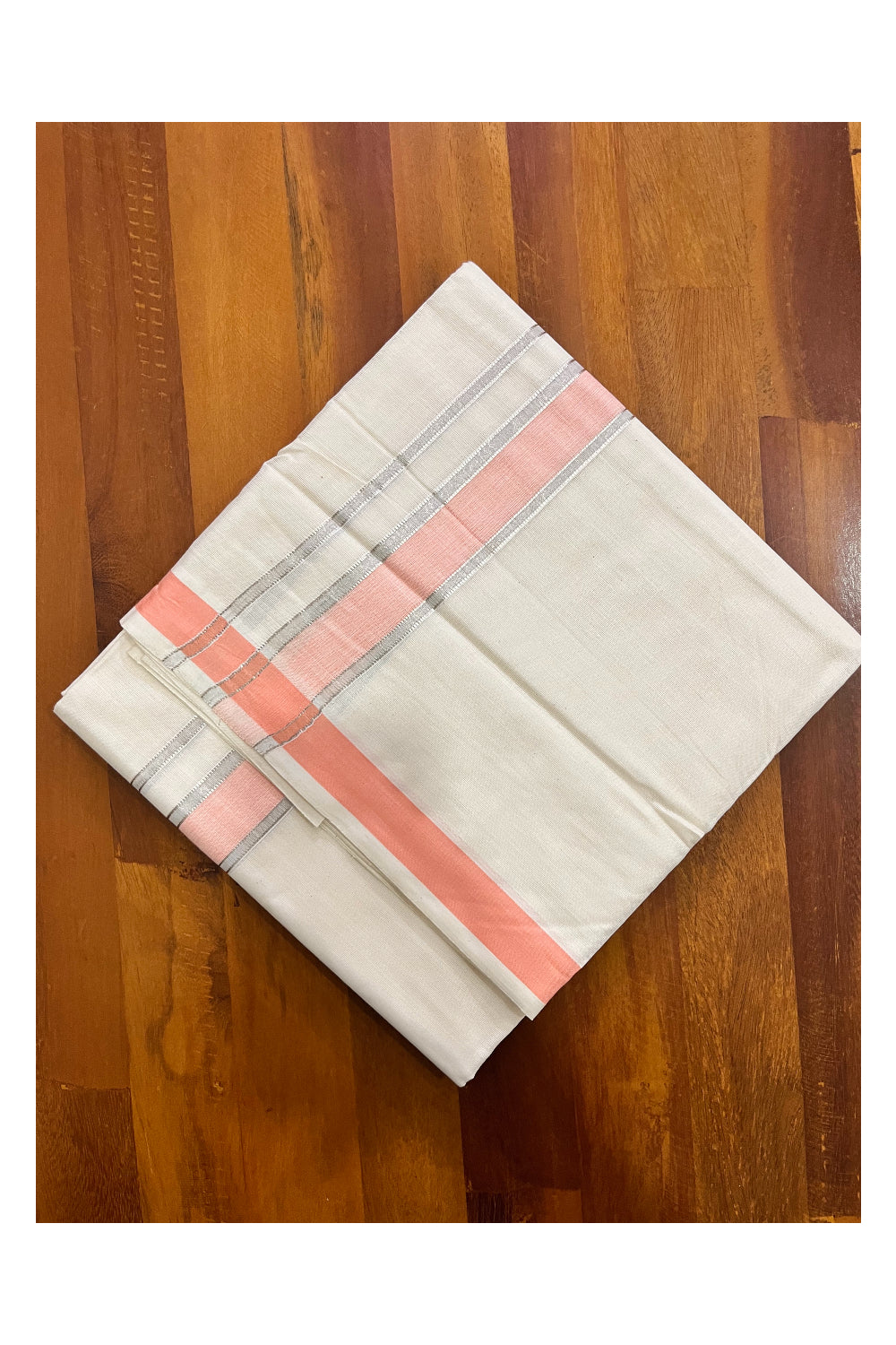 Pure Cotton Kerala Double Mundu with Silver Kasavu and Peach Border (South Indian Kerala Dhoti)