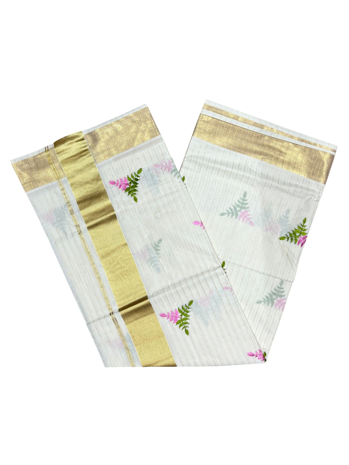 Southloom Kerala Cotton Kasavu Stripes Saree with Floral Embroidery Design in Pink and Green