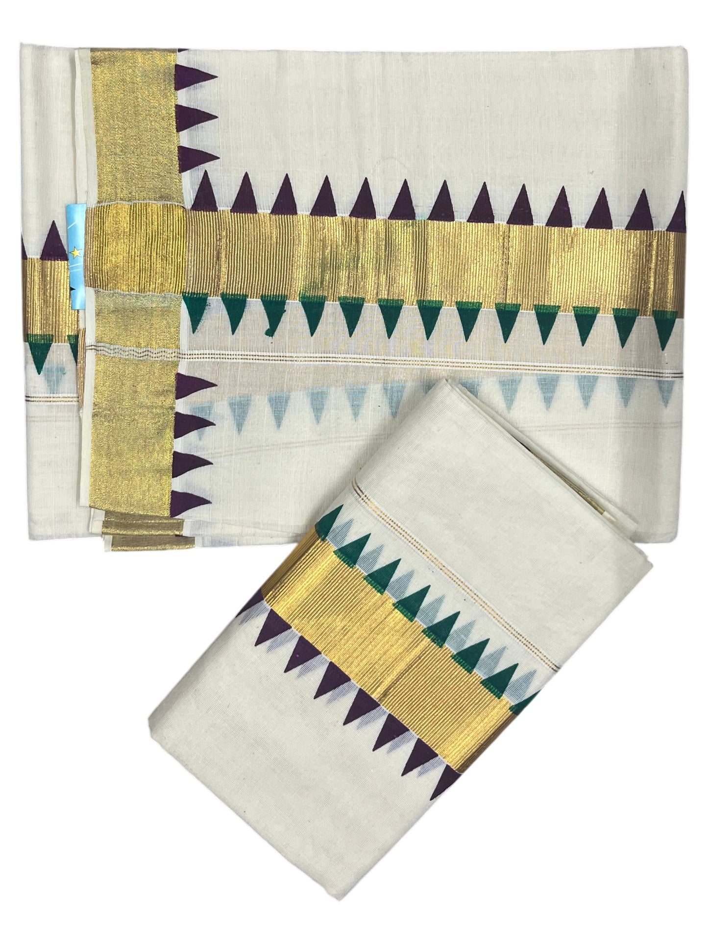 Southloom Kerala Cotton Kasavu Single Set Mundu (Mundum Neriyathum) with purple And Green Temple Design Border SLKK