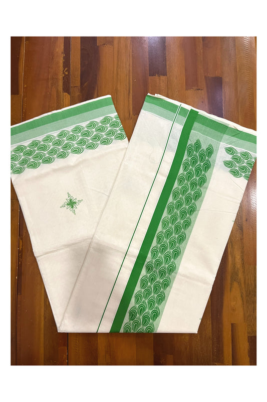 Pure Cotton Off White Kerala Saree with Light Green Block Printed Border (Onam Saree 2023)