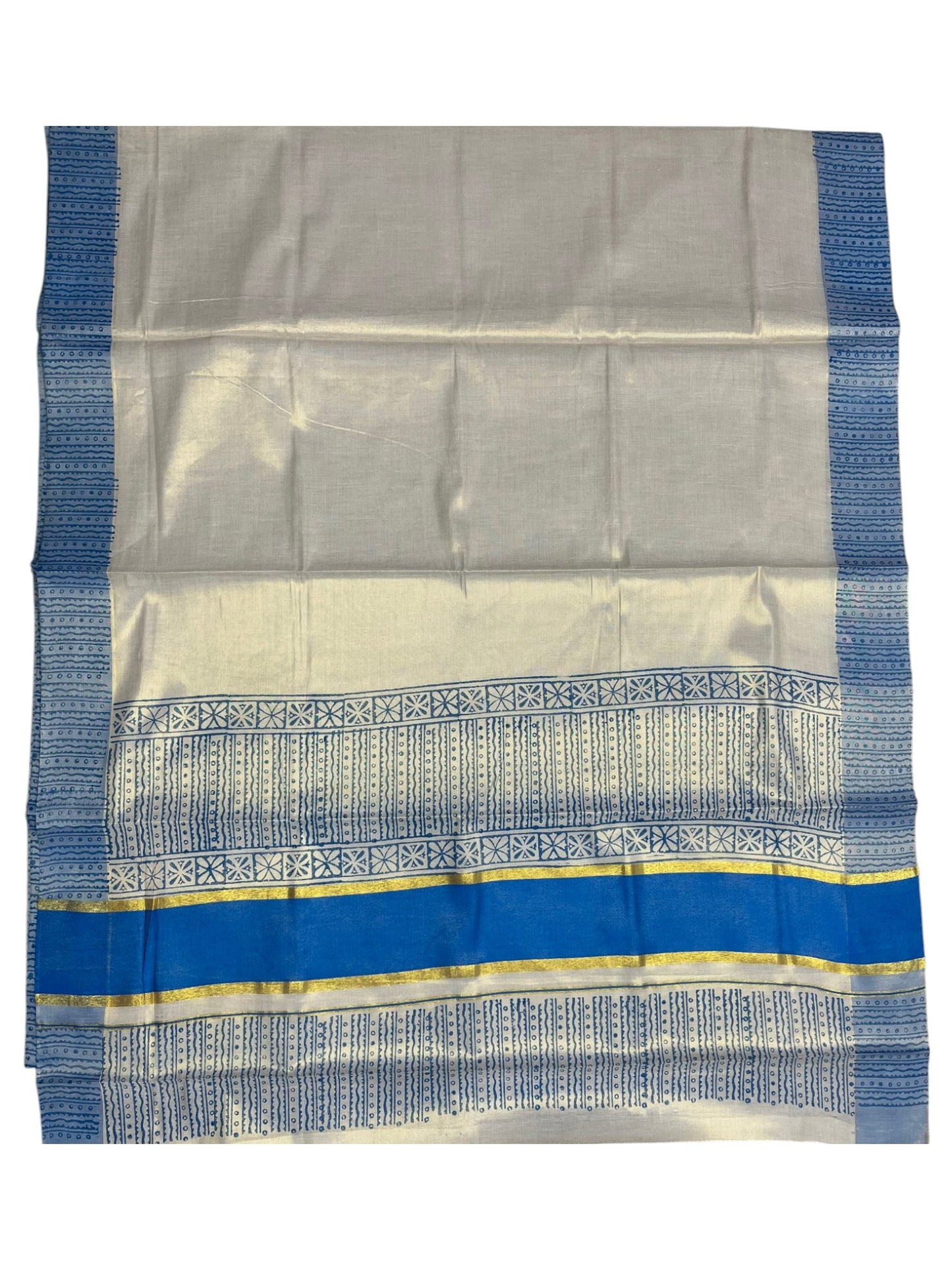 Southloom Tissue Kerala Kasavu Saree with Block Print on Body and Borders in Blue