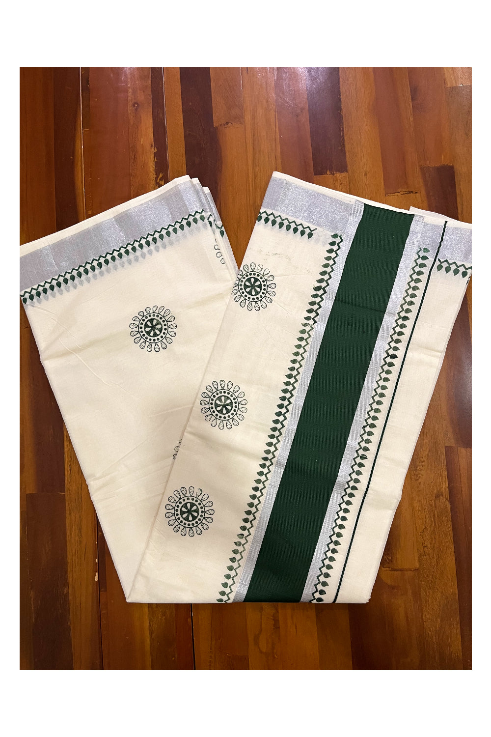 Kerala Pure Cotton Saree with Dark Green Block Prints and Silver Kasavu Border