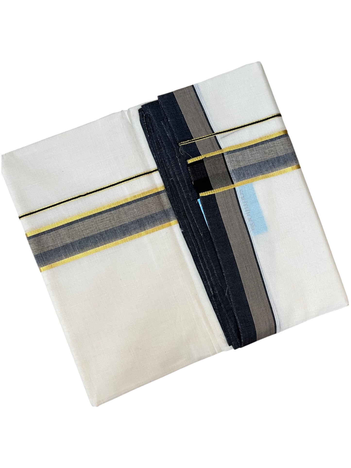 Southloom Pure Cotton Mundu with Golden Lines and Black Border (South Indian Kerala Dhoti)