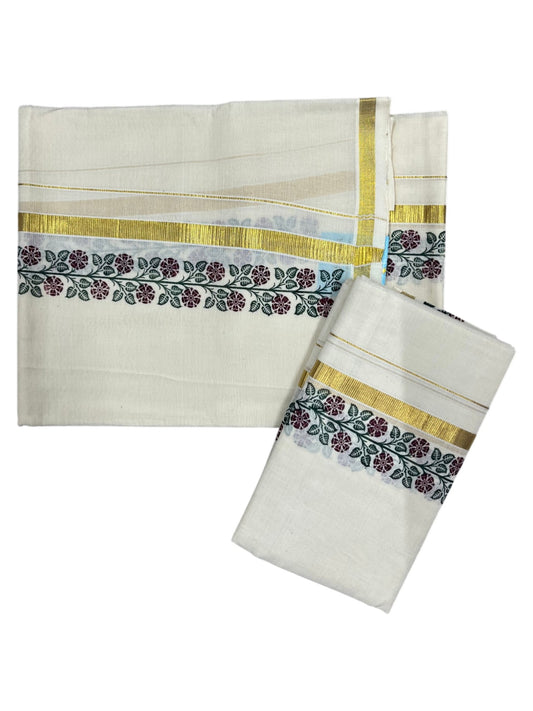 Southloom Pure Cotton Kerala Single Floral Print Set Mundu (Mundum Neriyathum) Maroon and Green Border in 2.80 mtrs