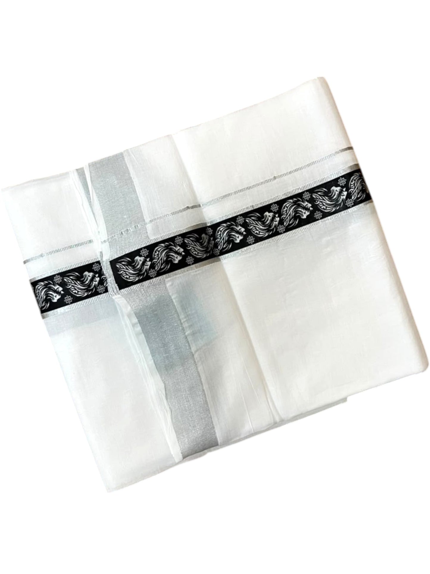 Southloom Pure White Cotton Mundu with Black and Silver Kasavu Border (South Indian Kerala Dhoti)