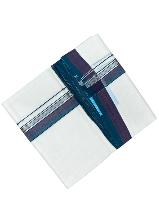 Southloom Balaramapuram Unakkupaavu Premium Handloom Cotton Double Mundu with Silver Kasavu and Peacock Blue Border