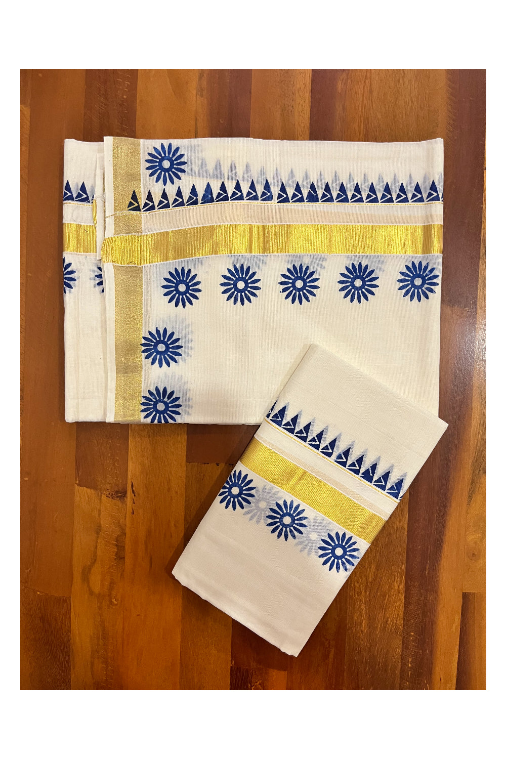 Kerala Pure Cotton Kasavu Set Mundu Single (Mundum Neriyathum) with Blue Block Prints and Temple Border 2.80 Mtrs