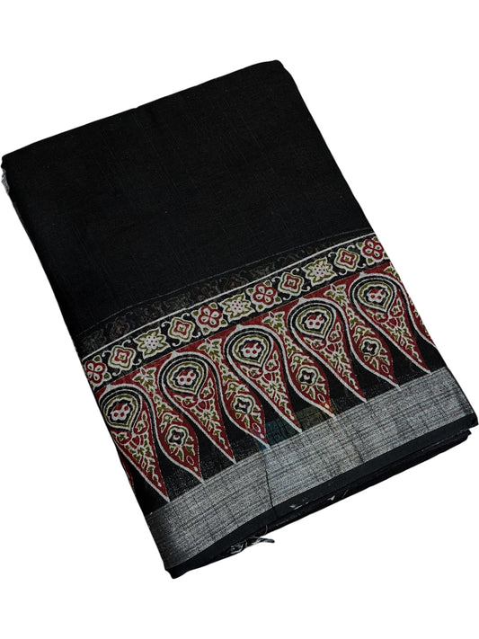 Southloom Ajrakh Hand Block Print Linen Saree in Saffron Black  Shade (Printed Blouse Included)