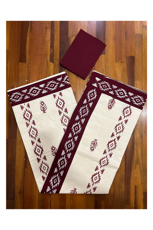 Pure Cotton Onam 2023 Kerala Saree with Hand Block Maroon Batik Prints