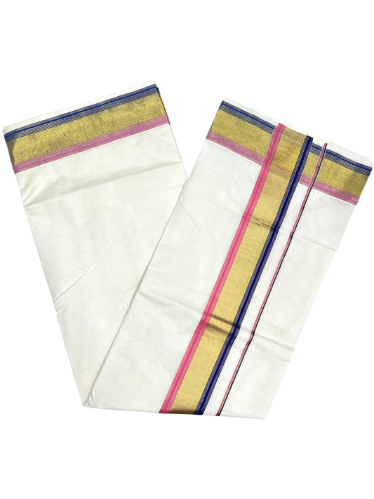 Southloom Kerala Cotton Kasavu Saree with Blue And Pink Border