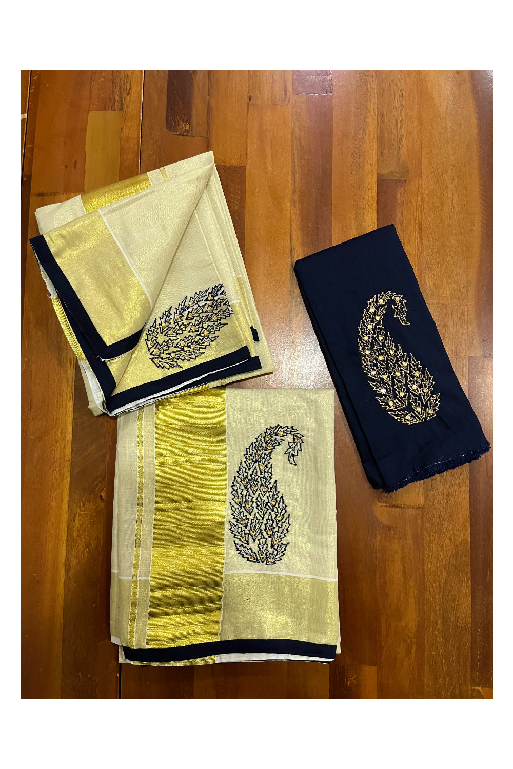 Kerala Tissue Kasavu Set Mundu (Mundum Neriyathum) with Handwork Embroidery Design and Black Blouse Piece