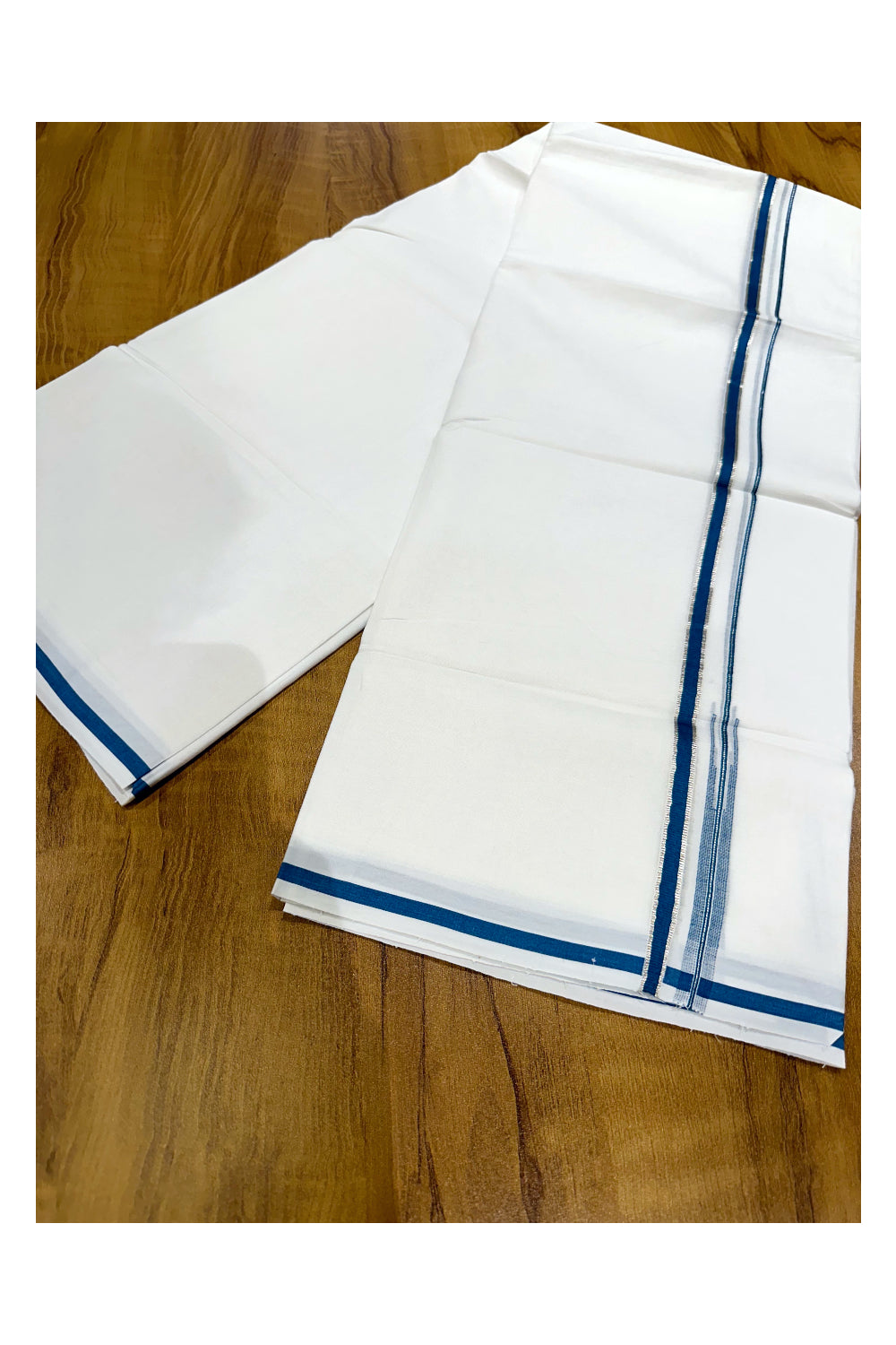 Pure White Cotton Double Mundu with Silver Kasavu and Blue Puliyilakkara Border (South Indian Kerala Dhoti)