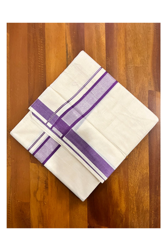 Pure Cotton Off White Double Mundu with Silver Kasavu and Violet Border (South Indian Dhoti)