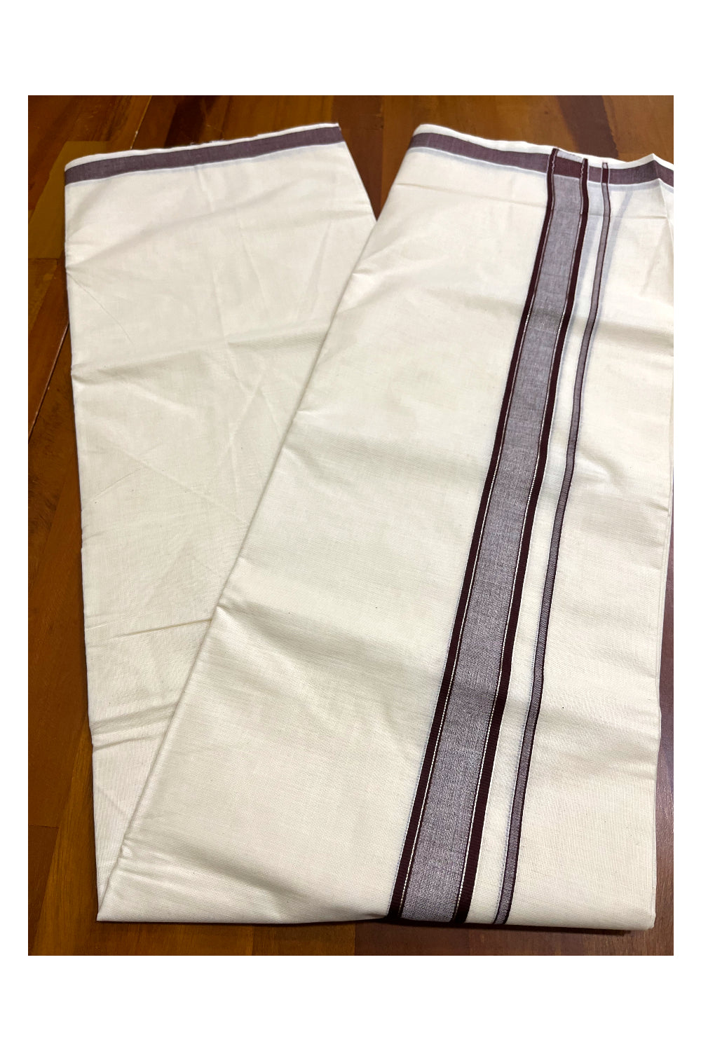 Kerala Pure Cotton Double Mundu with Brown and Silver Kasavu Line Border (South Indian Kerala Dhoti)