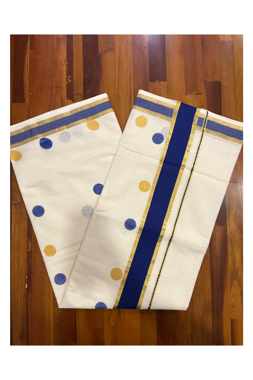 Pure Cotton Kerala Kasavu Saree with Golden and Blue Polka Prints on Body