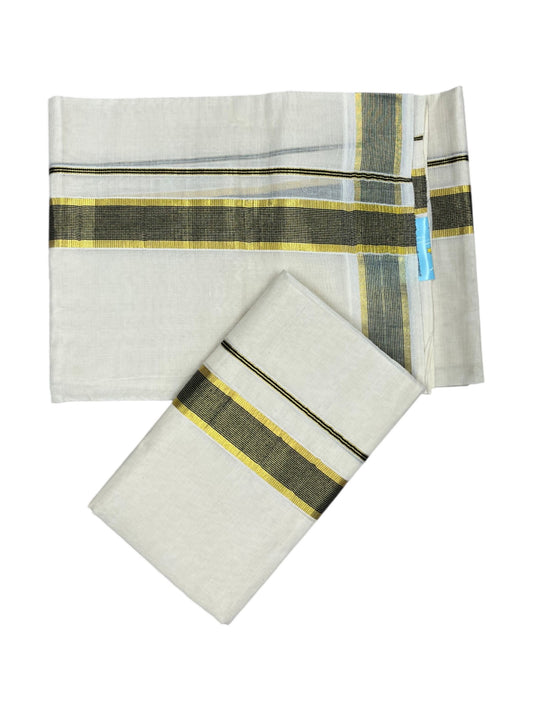 Southloom Pure Cotton Kerala Kasavu Set Mundu (Mundum Neriyathum) Kasavu & Dark Blue Border in 2.80 Mtrs
