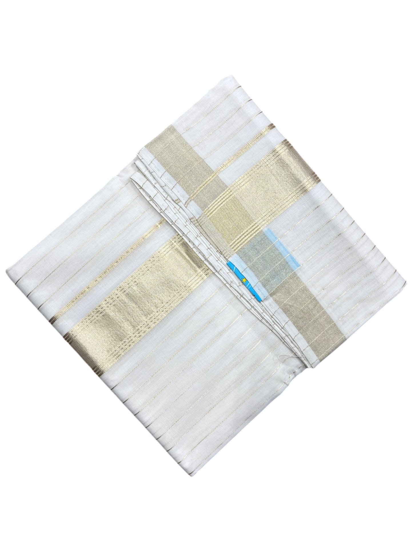 Southloom Premium Handloom Cotton Double Mundu with Gold Kasavu and Stripes on Body & Border