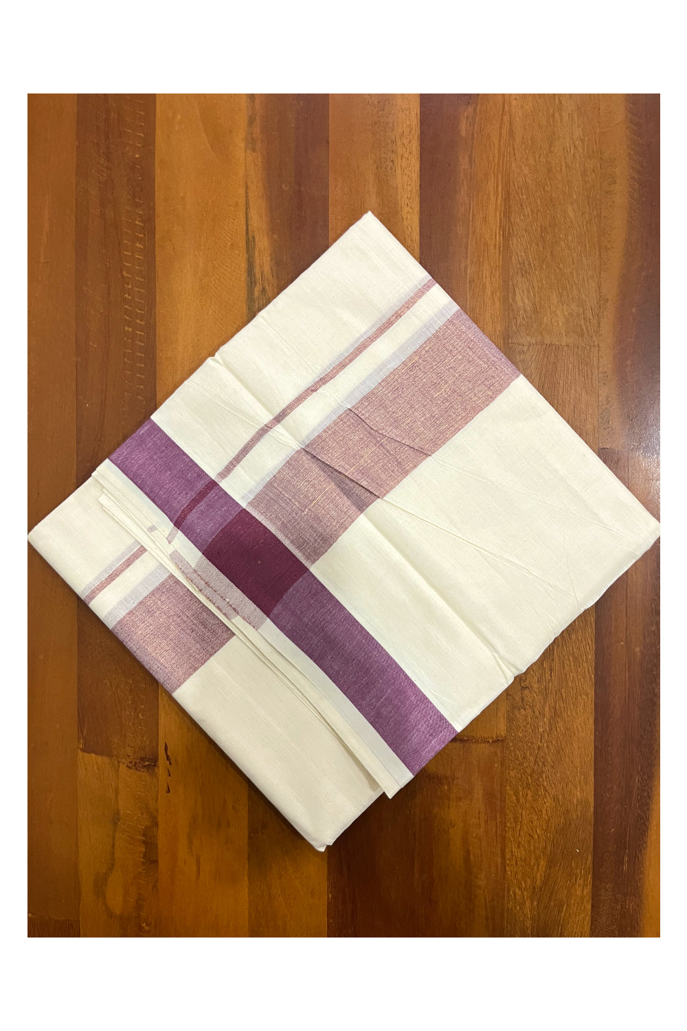 Pure Cotton Kerala Double Mundu with Purple Kasavu Kara (South Indian Kerala Dhoti)