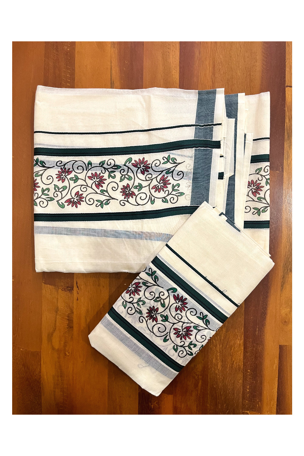 Kerala Cotton Set Mundu Single (Mundum Neriyathum) with Dark Green Floral Block Printed Border