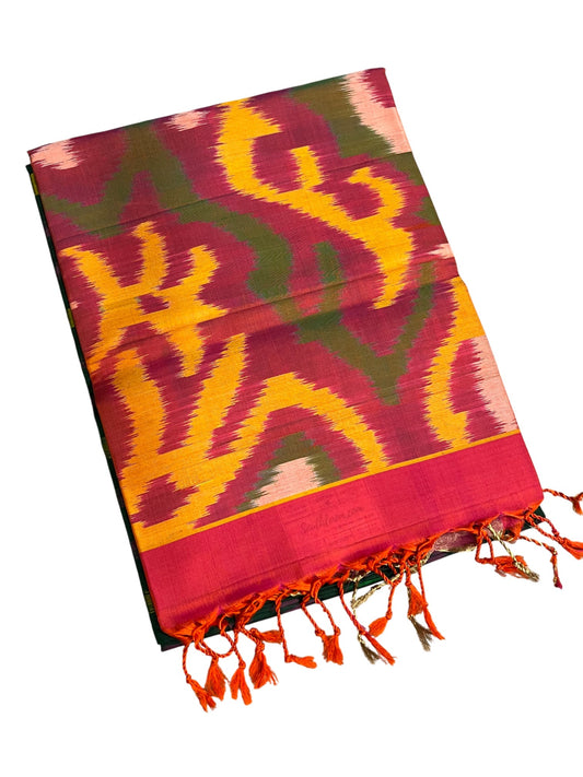 Southloom Pure Handloom Bridal Kanchipuram Silk Saree with Pochampally Work (Green & Magenta)