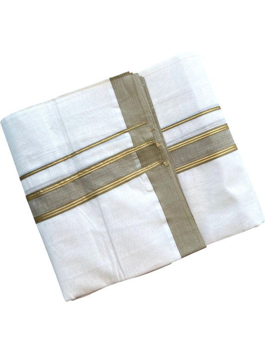 Southloom Pure Cotton Mundu with Golden Lines and Olive Green Border (South Indian Kerala Dhoti)